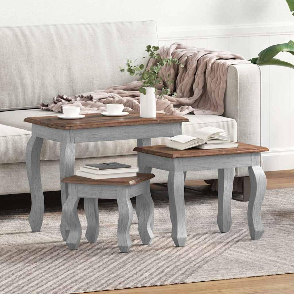 Nesting Table Set 3 Pieces Solid Mahogany Wood | Antique Style, Handmade Vintage, Durable Hardwood, Unique Color Variation for Living Room