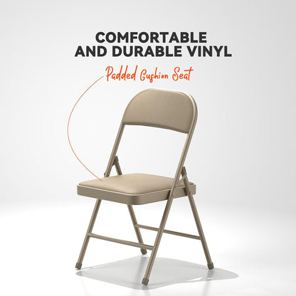 Nazhura Folding Chairs with Padded Vinyl Cushion Chairs with Comfortable Cushion and Durable Steel Frame for Home and Office, for Indoor and Outdoor Events (Kahki, Vinyl, 4 Pack)