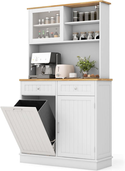 LOKO 68” Tall Kitchen Pantry Cabinet, Wood Sideboard Cupboard with Microwave Countertop, Sliding Glass Door, Freestanding Buffet Hutch with Trash Can Storage, for Home Coffee Bar, White & Natural