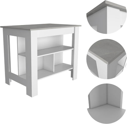 Kitchen Island with Four Legs and Three Shelves - White/Ibiza Marble | Three shelves and four legs provide ample storage and stability