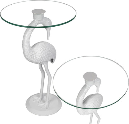 JONATHAN Y Blanche 25" White Iron and Glass Flamingo End Table with Sculptural Base, Round Accent Side Table for Living Room, Bedroom, Coastal Decor, White END1006C