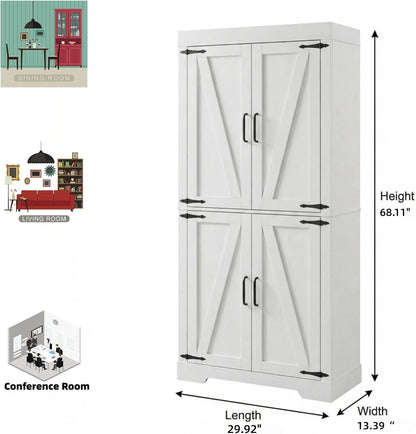 Homy Casa Farmhouse Kitchen Pantry Storage Cabinet, White Barn Door, 4-Door and 2 Shelves for Large Storage, 39 x 34 x 68.1 in，Standing Storage for Kitchen, Bathroom, Garage, Dinning Room Utility Room