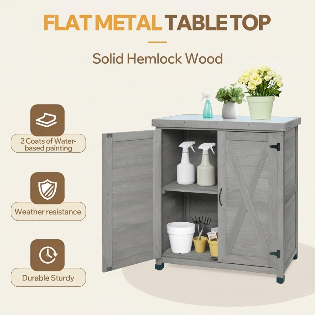 31" Weatherproof Small Storage Cabinet, Storage Cabinets with X-Shape Frame, Tool Cabinet with Magnetic Door for Patio & Garage, Gray