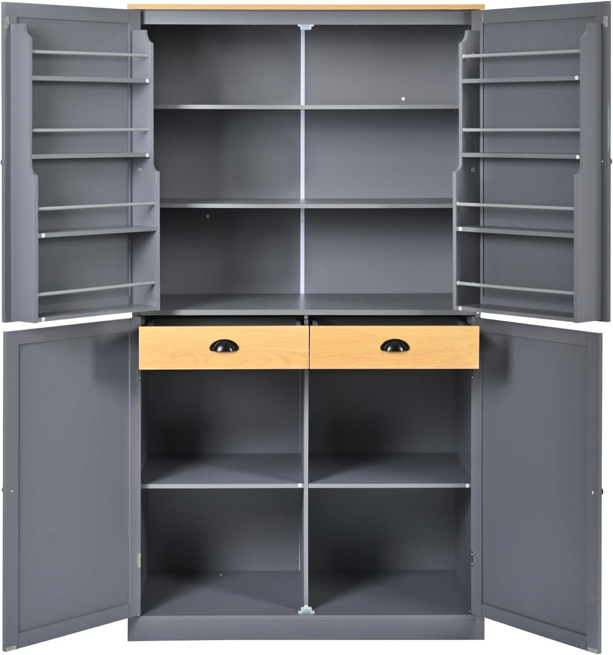 Freestanding Kitchen Pantry Cabinet with Adjustable Shelves and 2 Drawers Freestanding Cupboard with 8 Door Shelves Farmhouse Tall Kitchen Pantry, Grey