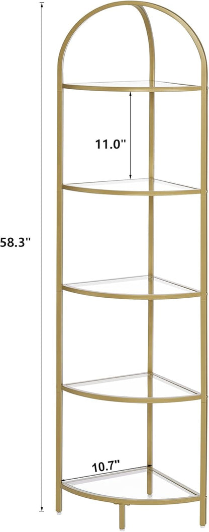 Homhedy 5-Tier Corner Shelf Stand, Metal Corner Bookshelf, Tempered Glass Shelves, Bathroom Storage Rack Shelf, Plant Stand, Modern Style, Golden