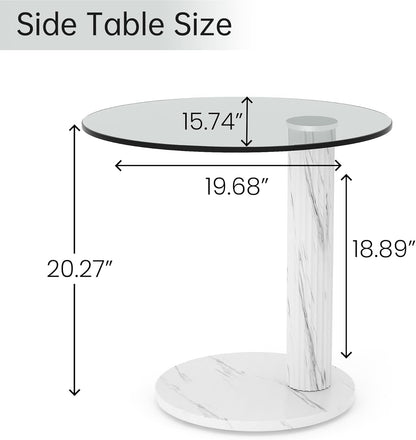 Hooseng Glass Round Coffee Table End Table, 22-Inch Modern Tempered Transparent Glass Top,Perfect for Living Room,Cafe,Home,and Office(White)