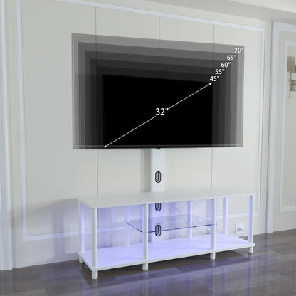 TV Stand with Mount and Led Light，White TV Stand with Power Outlets for 32/40/43/50/55/60/65/70 Inch TV,Entertainment Center with Open Storage Shelf for Bedroom/Living Room/Office