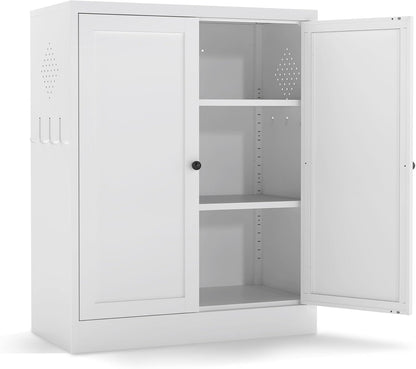 White Steel Pantry Cabinet with 2 Adjustable Shelves, Metal Storage Cabinets for Kitchen, Living Room, Bathroom, Heavy Duty Freestanding Utility Cabinet, Assembly Require