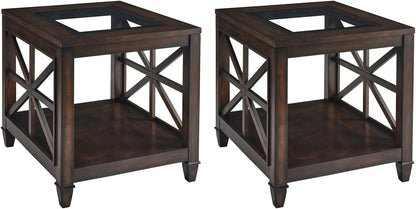 Set of 2 Large Solid Wood End Tables with Tempered Glass Top, 28" x 24" Farmhouse Side Tables, Vintage Walnut for Living Room, Bedroom, Office