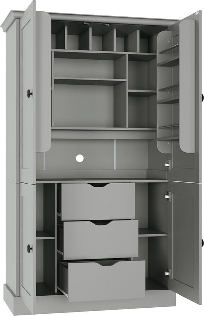 Freestanding Kitchen Pantry,Tall Storage Workstation with 4 Doors, 6 Door Shelves, Removable Shelves and 6 Wine Racks for Dining Room (Grey-FK)