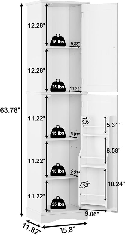 Function Home Tall Bathroom Storage Cabinet, 64" Slim Kitchen Pantry with Door Storage, Narrow Wood Freestanding Cabinets with Adjustable Shelves for Kitchen Living Room Dining Room, White