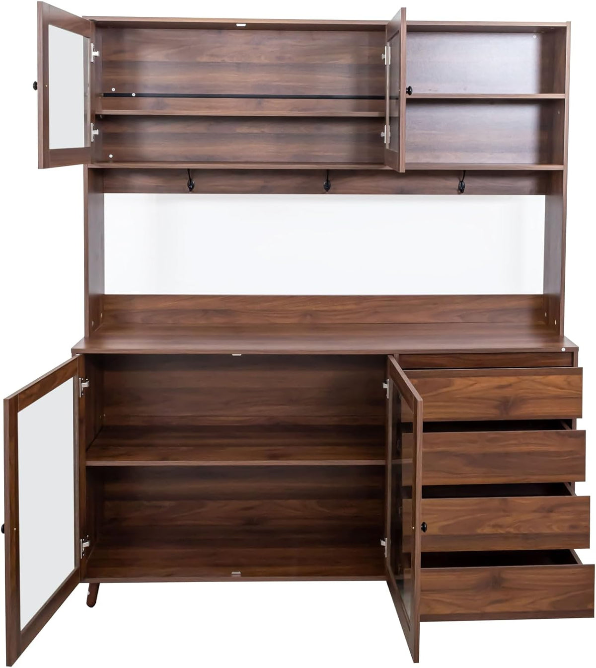 LUMISOL 63" Tall Walnut Rustic Modern Kitchen Hutch Cabinet Organizer, 4 Doors & 4 Drawers, 62.99"L x 15.75"W x 74.8"H, Kitchen Cabinet