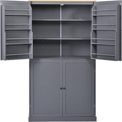 Kitchen Pantry Cabinet with Storage Drawers and 2 Adjustable Shelves, Freestanding Tall Cabinet with 8 Door Shelves, High Freestanding Kitchen Pantry, Gray