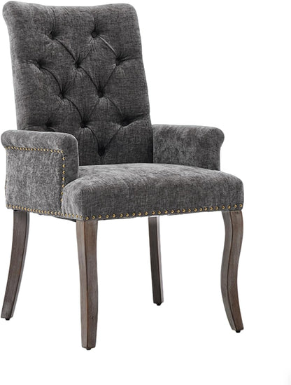Shenyon Grey Single Dining Chair with Arms, Chenille Upholstered Dining Room Chairs with Tufted Back and Solid Wood Legs, Accent Armchair for Dining Room, Kitchen,Living Room, Grey
