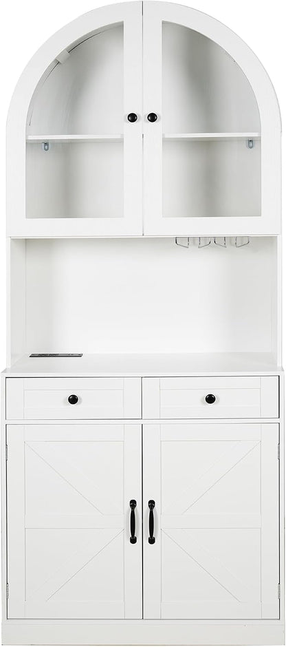 75" Farmhouse Tall Arched Pantry Cabinet with Charging Station & Bar, White | Adjustable Shelves, Open Countertop for Coffee Bar, empered Glass Door, Barn Door Lower Cabinet, Smooth-Glide Drawer