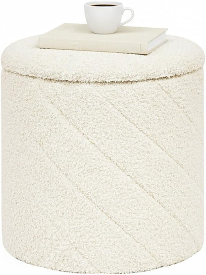 B FSOBEIIALEO Ottoman with Stroage, Boucle Round Storage Ottoman with Tray, Foot Rest Stool for Dorm Room, Living Room White, 12.99"x12.99"x13.78"
