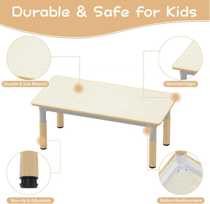 Kids Table and 6 Chairs Set, Height Adjustable Toddler Table and Chairs Set | Graffiti Desktop, Non-Slip Legs, Children Activity Table for for Ages 2-10 Daycare Classroom Home Preschool, Natural