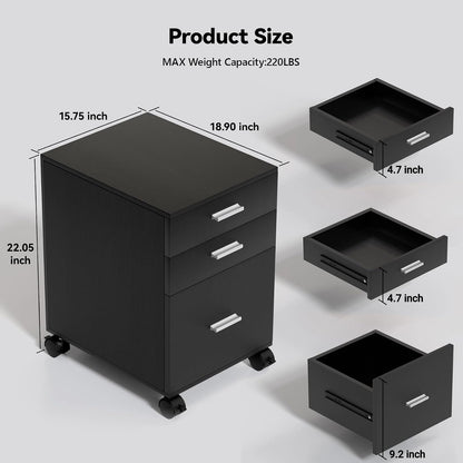 3 Drawer Storage Cabinet,Preassembled Black Wooden Organizer for Files,Under Desk Printer Stand,Mobile on Wheels,19" L x 16" W x 22" H