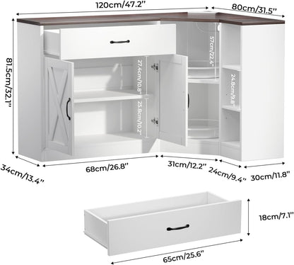 Corner Cabinet w/Charging Station, Kitchen Pantry w/Lazy Susan Turntable | Farmhouse Food Pantry Cabinet w/Drawer & Doors & Adjustable Shelf, L-Shaped Sideboard for Dining Room (White)