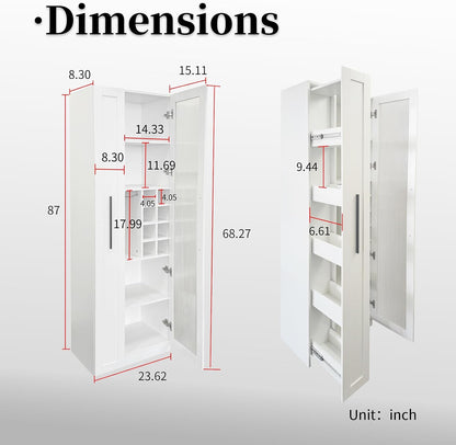JOYSOURCE Kitchen Hutch Cabinet with 5-Tier Pull-Out Storage Shelves Tall Kitchen Pantry Wine Cabinet Slim Liquor Cabinet with Reeded Glass Door Bottle Dividers & Stemware Rack White