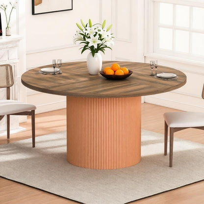 55 inch Round Dining Table for 4-6 People, Modern Farmhouse Dining Kitchen Table with Fluted Cylindrical Pedestal Base for Dining Room, Living Room, Kitchen, (Chairs Not Included)