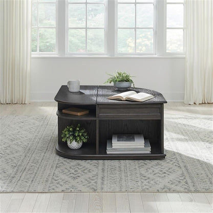 Pemberly Row 3 Piece Table Set, Rubberwood and Oak Veneers, Aged Oak Finish, Includes Cocktail Table with Lift Tops and Casters, 2 End Tables with Drawers, Antique Pewter Knobs, Living Room Furniture