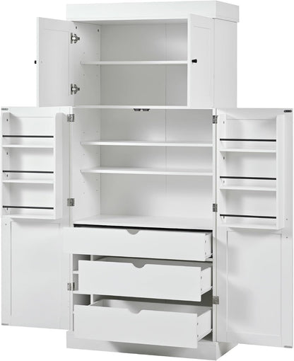 Large Freestanding Kitchen Pantry Cabinet, Cupboard Storage Cabinet with Adjustable Shelves, Door Shelves, Drawers and Wine Racks for Kitchen, Dining Room (White)