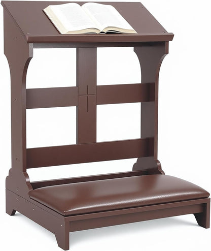 Kneeler for Prayer – Wooden Prayer Bench Kneeler, Padded Faux Leather Kneeling Pad, Space-Saving 23" L X 20" W for Home ChurcWorship Ebony