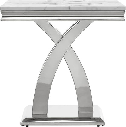 1 Piece Living Room End Table Luxury Faux Marble Sofa Side Table, Modern White Silver End Table with X-Shape Stainless Steel Pedestal Base