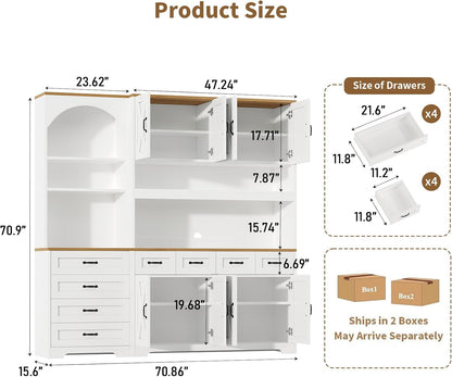 Kitchen Pantry Cabinet with 8 Drawers & Arched Open Shelf, Tall Farmhouse Storage Cabinet with Charging Station & RGB LED Light, Coffee Bar Cabinet for Dining Room, White