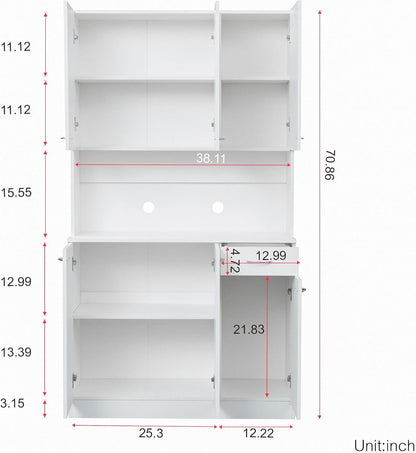 70.87" Tall Kitchen Pantry Storage Cabinet, Freestanding Wood Hutch with 6 Doors, 1 Drawer, with Countertop,Microwave Stand & Food Cupboard, Coffee Bar Organizer for Dining Room,White