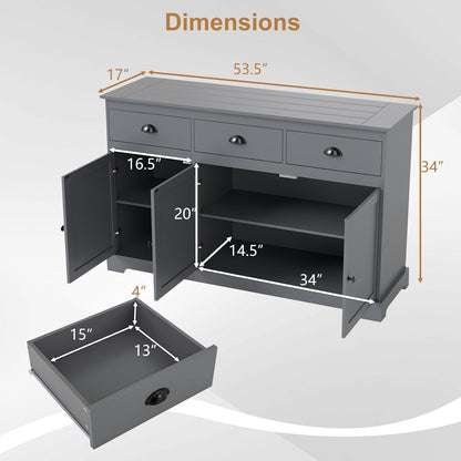Sideboard Buffet Cabinet with Storage, 53.5” Large Kitchen Cupboard with 3 Drawers, Adjustable Shelf, Credenzas for Living Room, Wooden Coffee Bar Console Table for Dining Room (Grey)