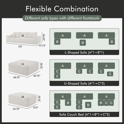 Gericco 113" Modular Sectional Couch, Cloud Sofa with Deep Seats, Upholstered Corduroy U-Shaped Sleeper Sofa with Chaise, 3-Seater Couches for Living Room, No Assembly Required, Beige