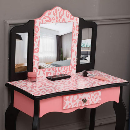 Vasitelan Vanity Table and Chair Set, Vanity Set with Mirror and Stool, Makeup Dressing Princess Table with Drawer, Vanity Set with Mirror (D Style)