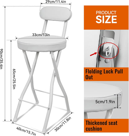 UWEAR Portable Folding Stool,Folding Bar Stool with Back,Leather Padded Counter Height Foldable Stool, Tall Chairs for Adults Kitchen Island Outdoor Shop Cafe(2 PCS Black) (2PCS White)