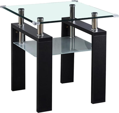 2-Tier End Table with Tempered Glass Top and MDF Frame, Modern Black Square Side Table with Storage Shelf for Living Room, Bedroom, Apartment, Easy to Assemble