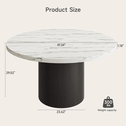 47 Inch Round Dining Table for 4, Circle Kitchen Table with Wood Strip Base, Modern Farmhouse Dinner Tables for Kitchen, Living Room (Marble Texture)