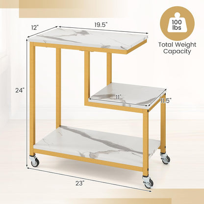 Giantex 3-Tier Side Table with Wheels, G-Shaped Mobile End Table with Open Shelves & Metal Frame, Rolling Sofa Couch Table for Living Room Bedroom Office, White & Gold