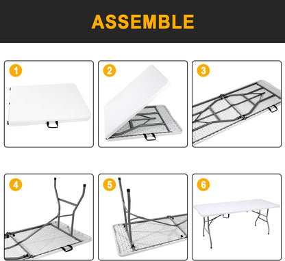 2 PCS 70.8" W X 29" D X 29" H - 6 ft White Folding Table White Portable Heavy Duty Plastic Fold-in-Half Utility Foldable Table for Camp，Picnic & Party