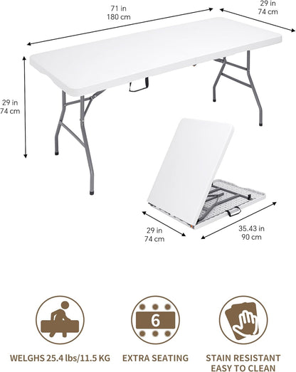 6Ft Folding Table, Heavy Duty Fold-in-Half Portable Plastic White | HDPE portable table indoor outdoor. Camp table, picnic table, party use. Lightweight holds 350 lbs. Easy fold side table