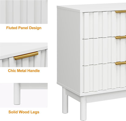 RoyalCraft 3 Drawer Nightstand, Modern Fluted Chest of Drawers, Wooden Storage Night Stand Side Table with Chic Edge Pull, Perfect for Bedroom, Living Room, Entryway, White