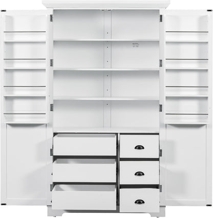 Merax 72" Tall Shaker Style Kitchen Pantry with 3 Drawers, Adjustable Shelves, Wood Cupboard Dining Storage Cabinet with Door Shelves and Pull-Out Trays for Living Room, Kitchen, Dining Room White