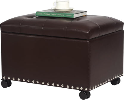 Joveco Leather Storage Ottoman with 360° Caster Wheels 24" Foot Rest Bench Rectangle Ottomans Stool for Living Room Bedroom (Brown, Wheels)