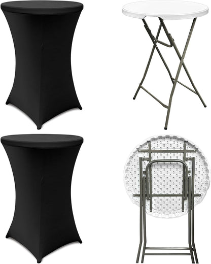 2 Sets 32" High Top Round Folding Cocktail Tables White Bar Height with Removable Legs & 32"x43" Spandex Stretch Black Table Covers Hightop Table for Outdoor Indoor Wedding Parties