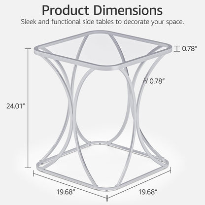 19.68" Square End Table with Tempered Glass Top, Stylish X-Shaped Metal Frame, Living Room Coffee Table, Sofa Side Table, Accent Tables for Small Spaces, Modern Bedside Table (Silver)