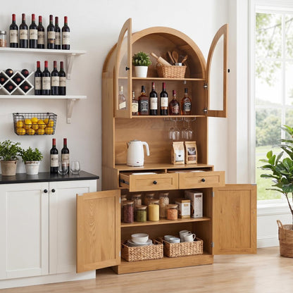 75" Farmhouse Tall Arched Pantry Cabinet with Charging Station, Adjustable Shelves, Coffee Bar Open Countertop, Oak (Oak + MDF)