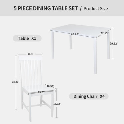DUHOME 5-Piece Solid Wood Dining Table Set for 4, Farmhouse Kitchen Table Chairs Set of 4,Table and 4 Chairs Set for Small Space&Apartment, Dining Room, Breakfast Nook,White