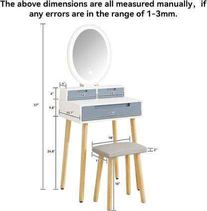 YOURLITE Small Makeup Vanity Desk with Mirror and Lights | Compact Vanity, 3 Lighting Modes, Adjustable Brightness, 3 Drawers, Cushioned Stool