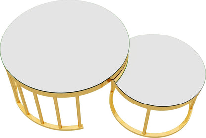JIVOIT 2-Piece Round Nesting Coffee Table Set with Gold Metal Frame | Modern Circular Cocktail Table, Tempered Glass Tabletop, Accent Nesting Tables, Rounded Edge, Space-Saving, Living Room