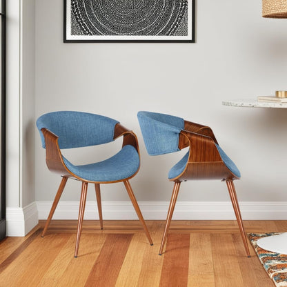 Armen Living Butterfly Mid-Century Dining Chair in Walnut Finish and Blue Fabric - Set of 2
